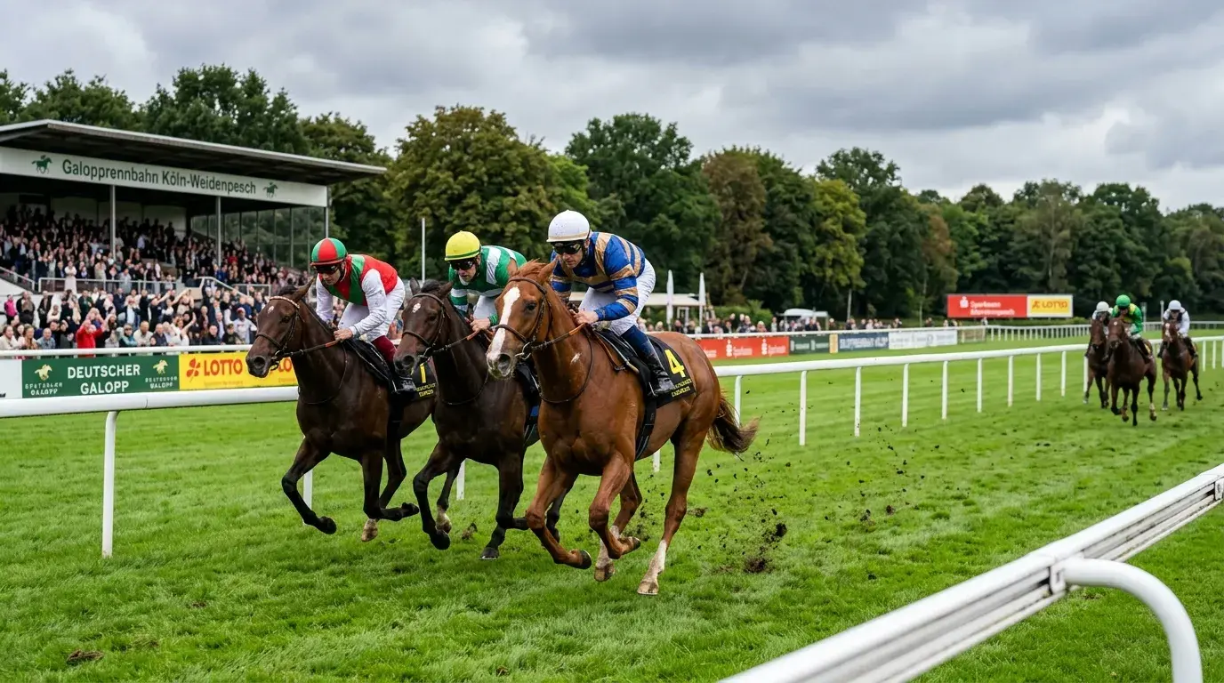 Galopprennen auf der Rennbahn – Vollblut im vollen Lauf auf Grasboden