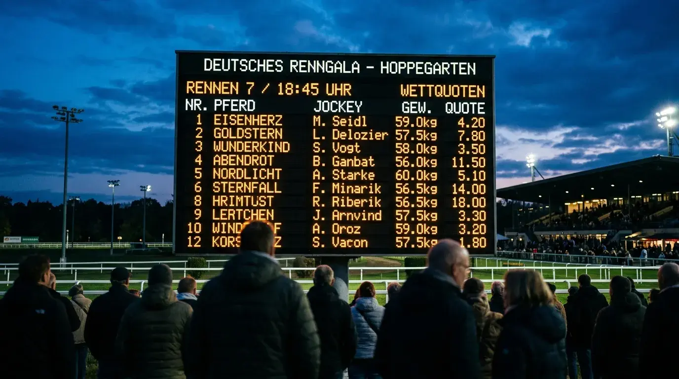 Anzeigetafel mit Pferdewetten-Quoten auf der Rennbahn