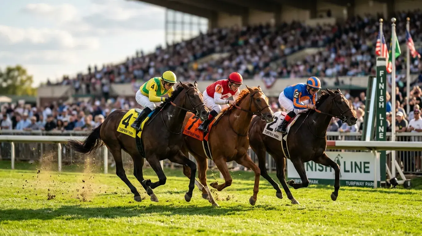Platzwette bei Pferderennen — drei Pferde kämpfen um die Plätze