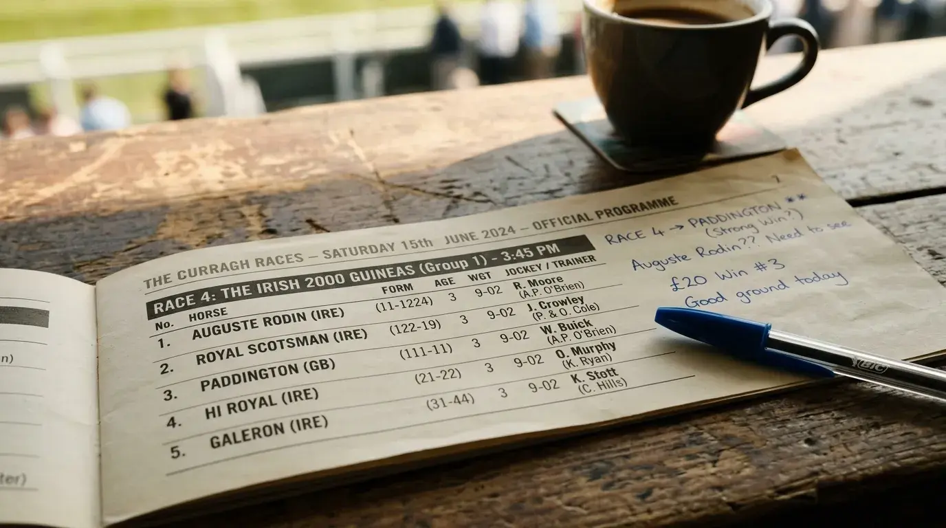 Racecard mit Formkurve und Jockey-Statistiken auf dem Schreibtisch