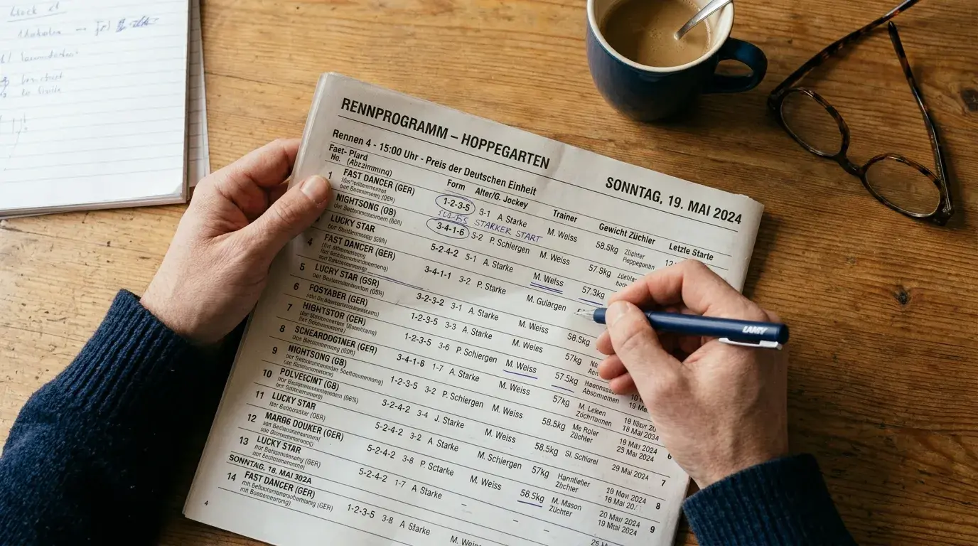 Racecard mit Formkurve und Pferdestatistiken – Analysewerkzeug für Wetter