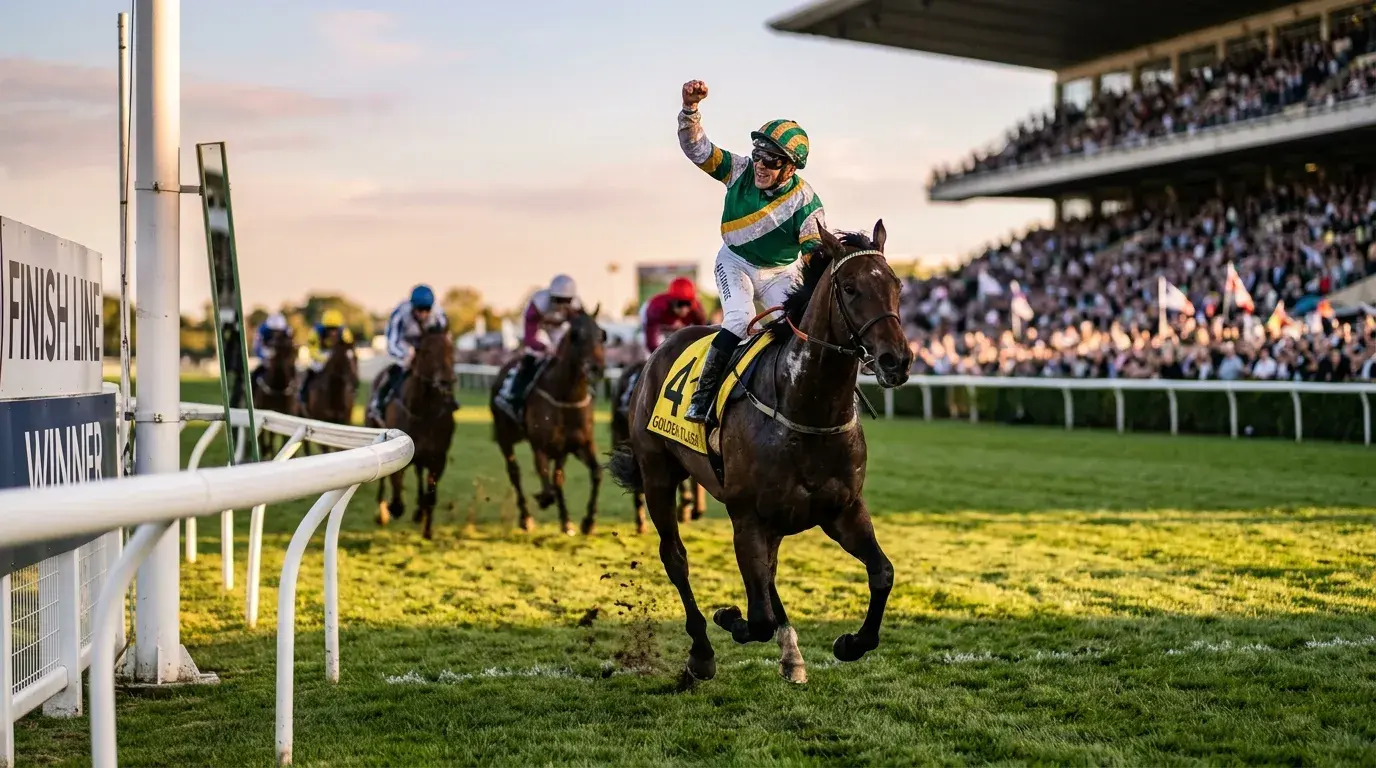 Siegwette bei Pferderennen — Pferd überquert die Ziellinie