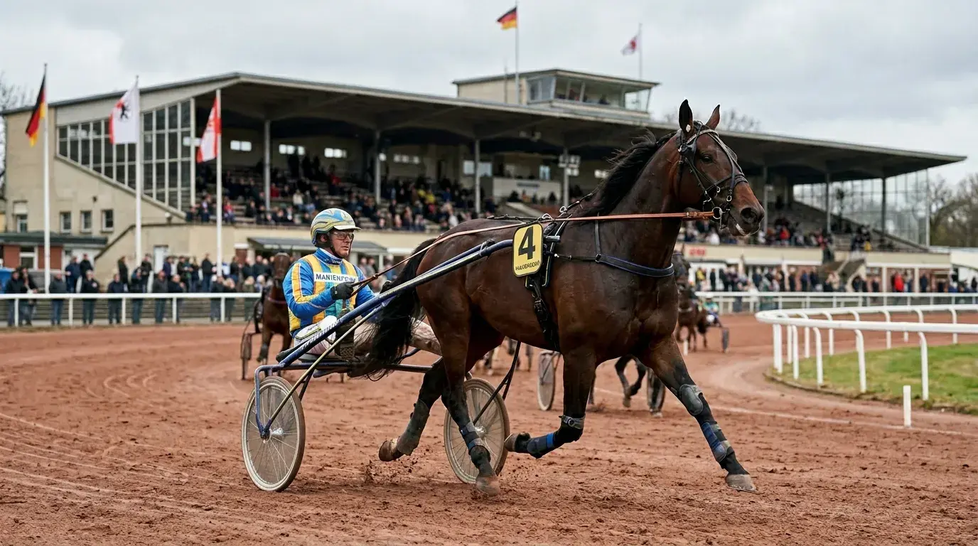 Trabrennen mit Sulky – Fahrer und Traber auf der Sandbahn