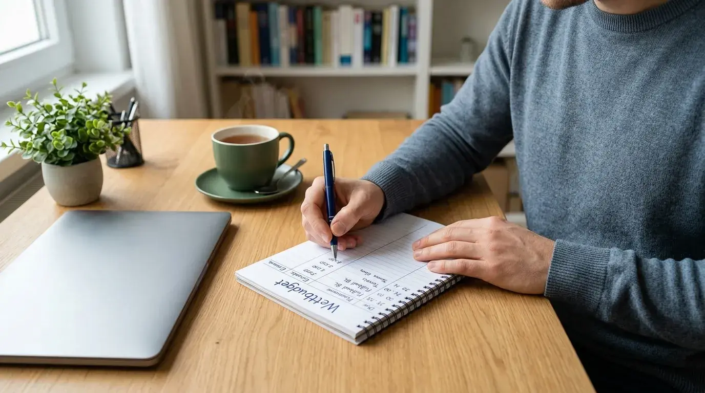 Verantwortungsvolles Wetten – Person notiert Wettbudget im Planungsheft
