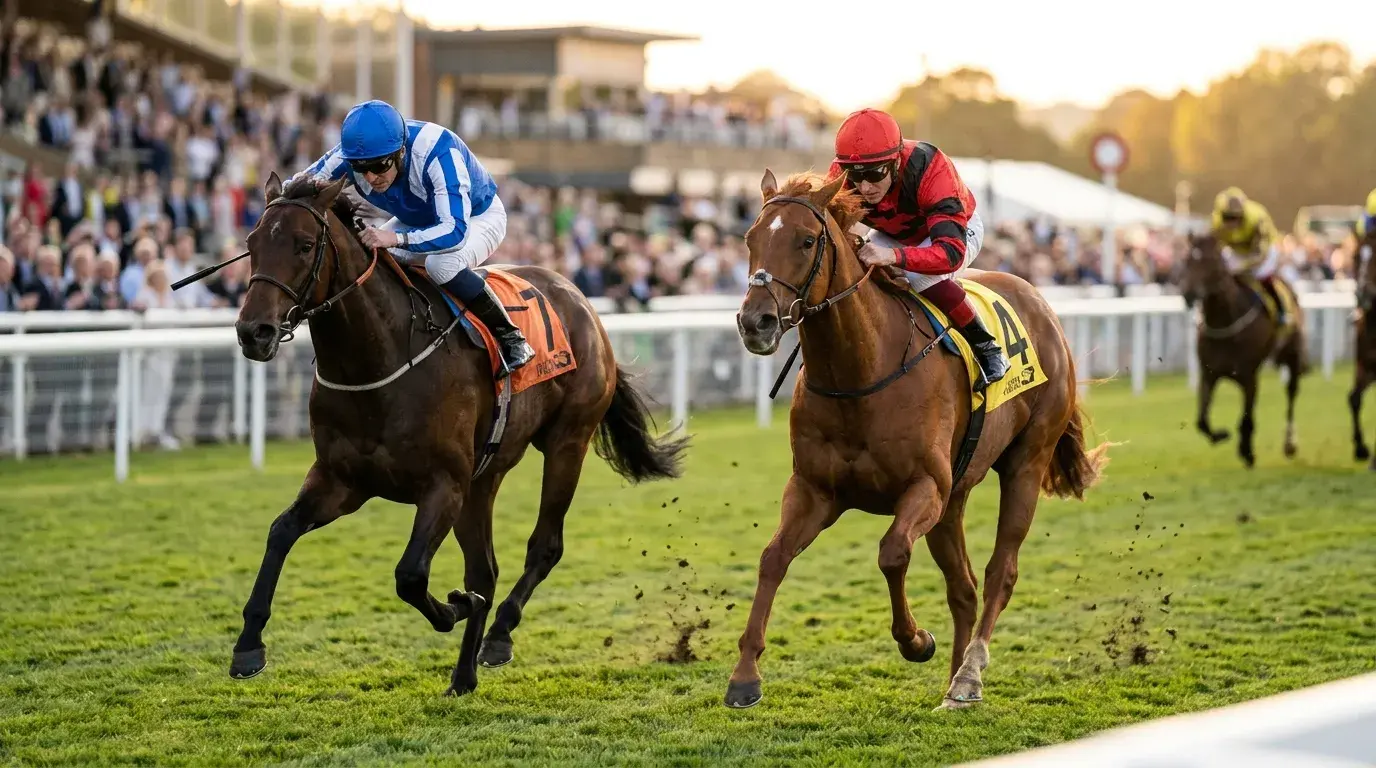 Zweierwette bei Pferderennen — zwei Pferde kämpfen um Platz eins und zwei
